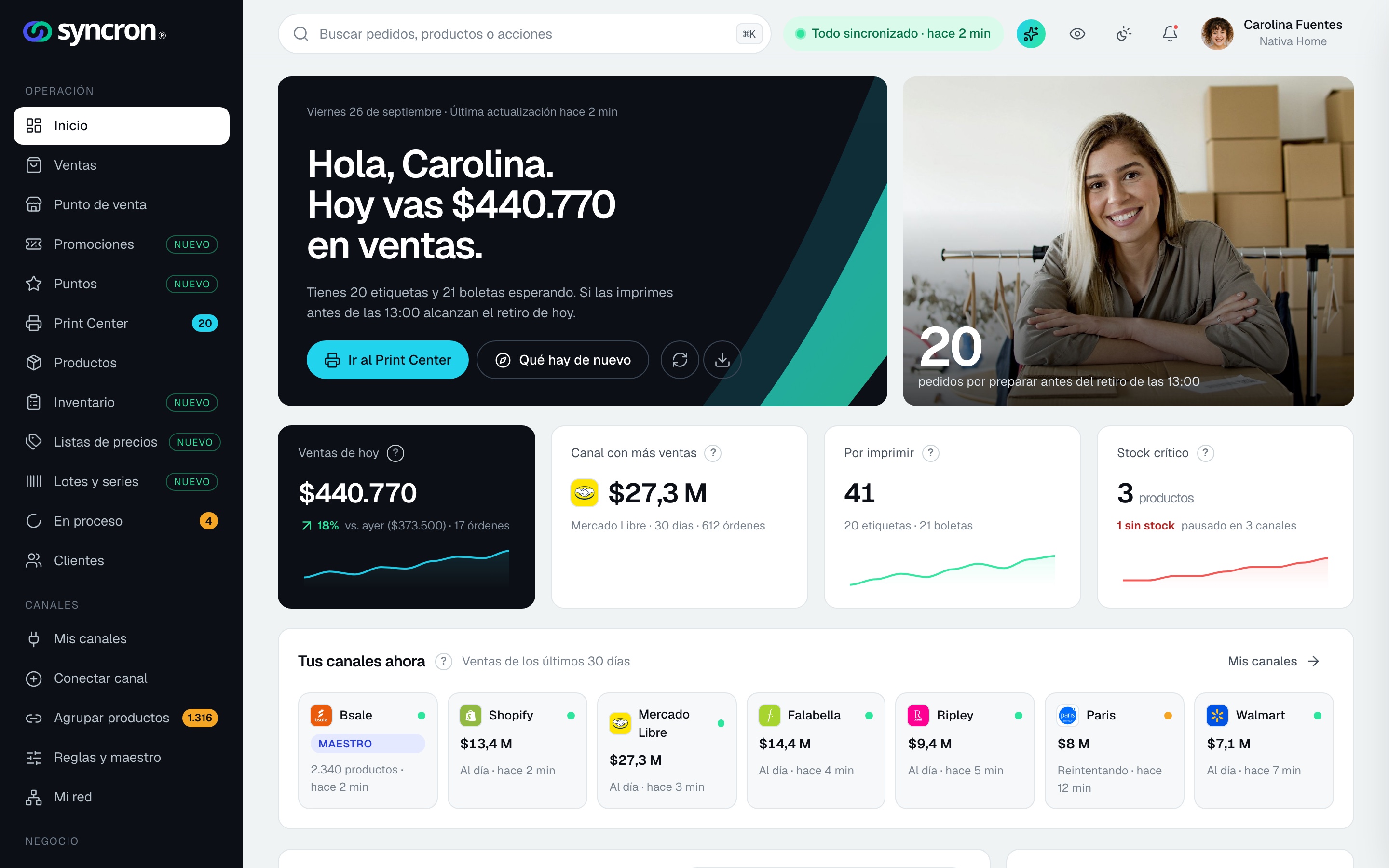 Pantalla de Inicio de Syncron 2.0 con ventas del día y canales
